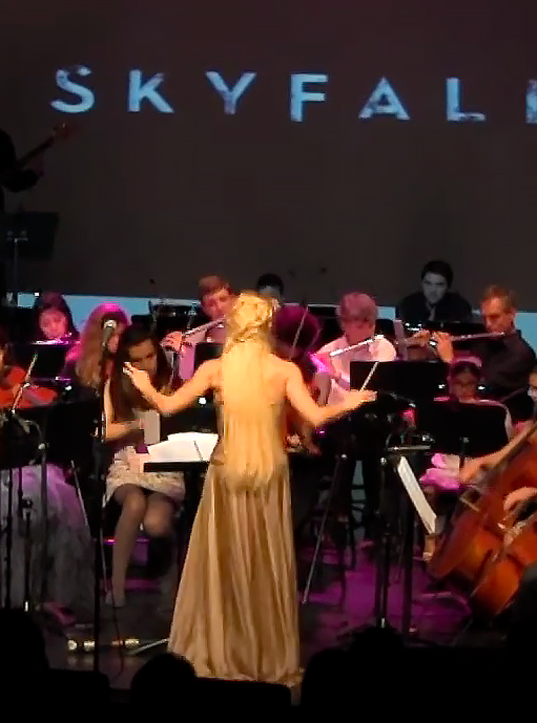 photo d'un concert avec une vue large où des personnes jouent du piano